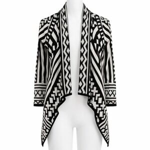 Say What? Womens Sz S Black White Geometric Draped Open Cardigan Y2K Tribal